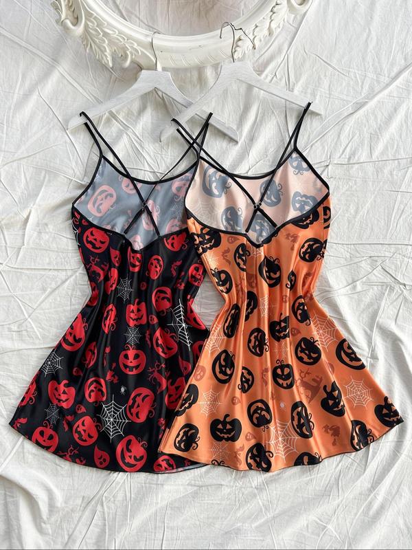 Women's All Over Pumpkin Print Cami Nightdress, Casual Soft Comfortable Halloween Criss Cross Backless Nightgown for All Seasons, Nightwear Sets, Fashion Ladies' Sleepwear for Daily Wear, Halloween Pajamas, Homecoming Dresses 2024