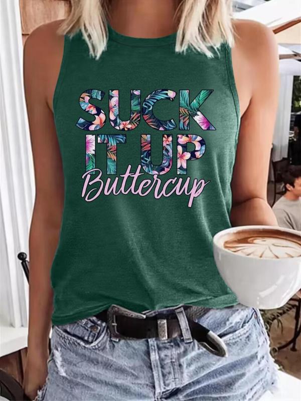 Women's Letter & Floral Print Round Neck Tank Top, Casual Graphic Sleeveless Crew Neck T-shirt for Summer, Fashion Women's Top for Daily Wear