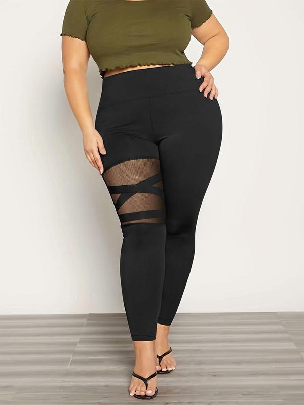  Contrast Mesh Cut Out High Waist Leggings, Casual Comfy Breathable Skinny Pants for Daily Wear, Women's Bottoms for Fall & Winter