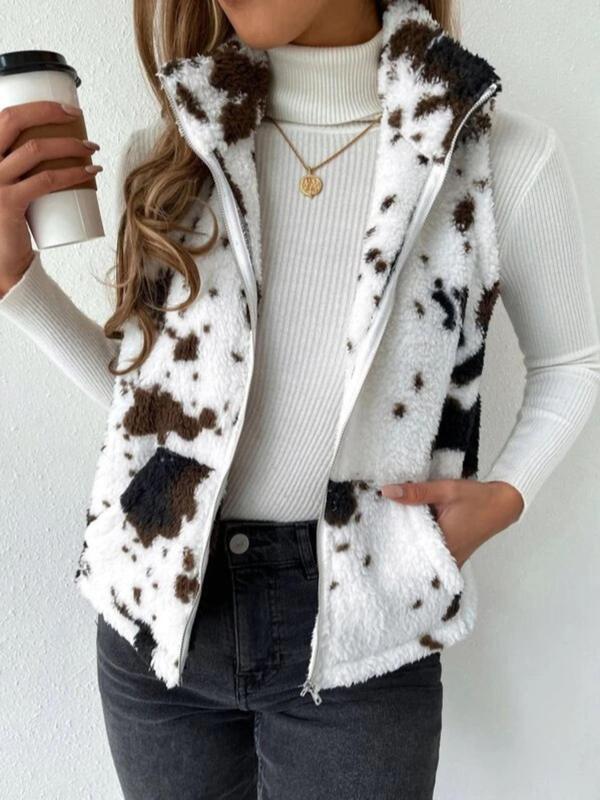 Women's Cow Print Zip Up Plush Gilet, Casual Pocket Collared High Neck Vest Outerwear for Fall & Winter, Winter Clothes Women, Clothing Tops for Lady Daily Wear, Going Out Outfits 2024, Fall Outfits