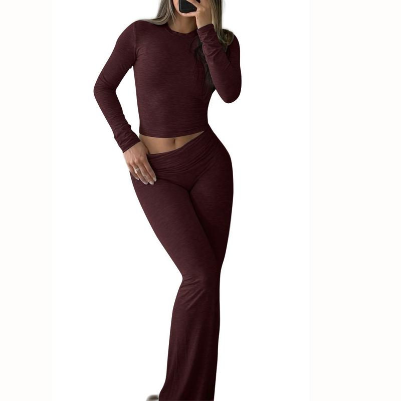 Women's 2 Piece Outfits Lounge Sets Ruched Long Sleeve Tops and High Waisted Wide Leg Pants Tracksuit Sets