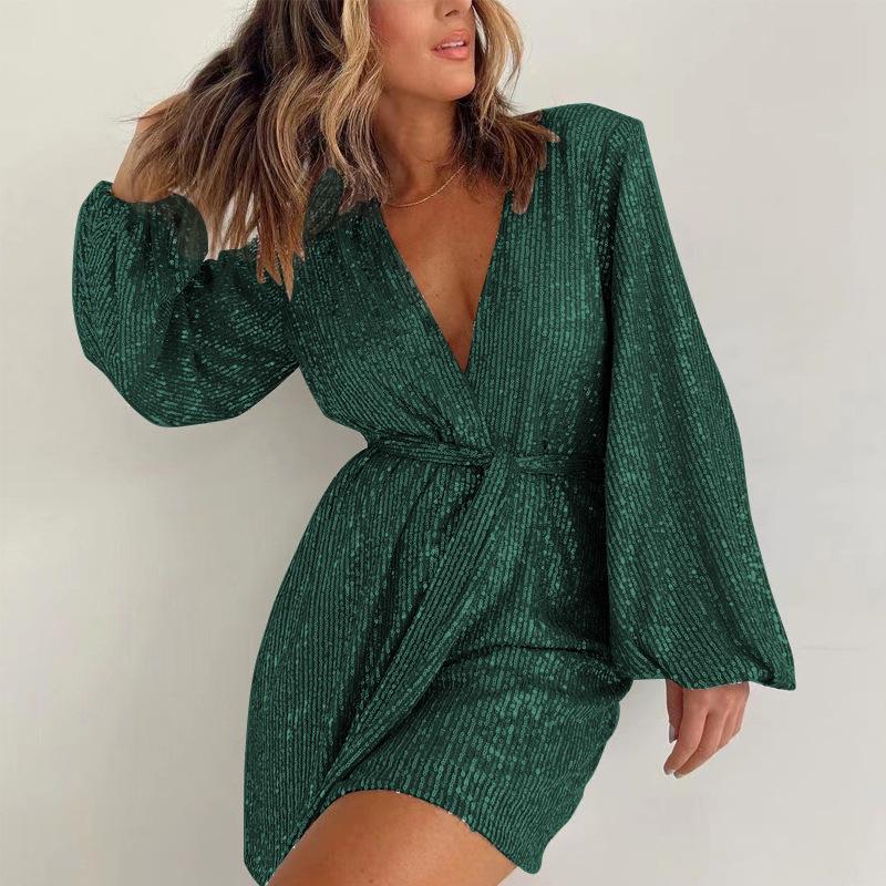 Holiday Party Fashion Sequin Long Sleeve Dress Jumpsuit