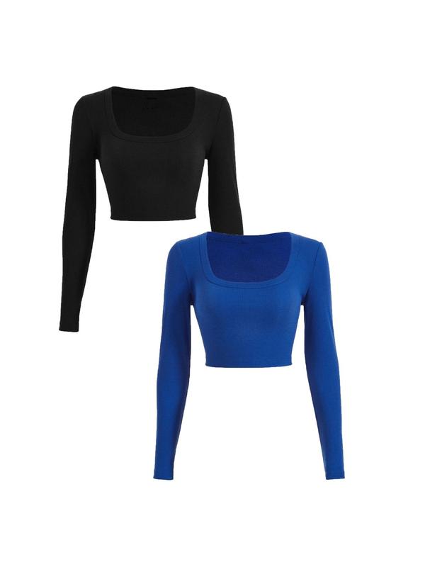 Women's Square Neck Long Sleeve Crop Tee, Casual Plain Ribbed T-shirt For Spring & Fall, Women's Clothes For Daily Wear