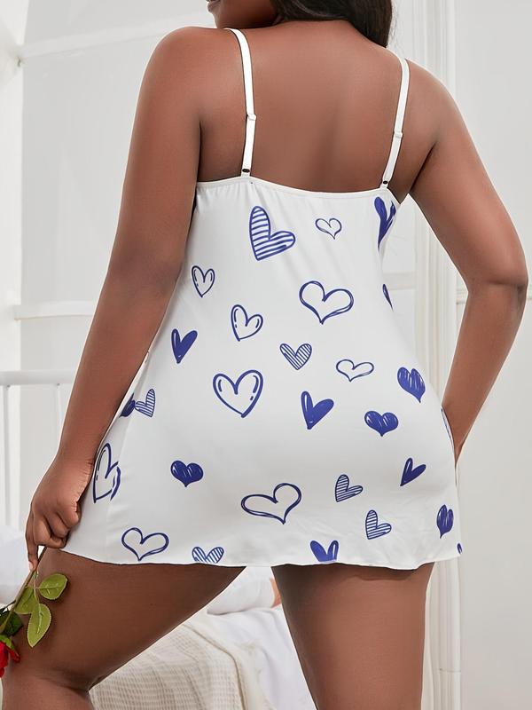 Women's Plus Size Heart Print Lace Trim Split Cami Nightdress, Night Gown for Women, House Dress for Women, Casual Comfy Spaghetti Strap Sweetheart Neck Nightgown, Summer Clothes Women, Lady Sleepwear & Homewear