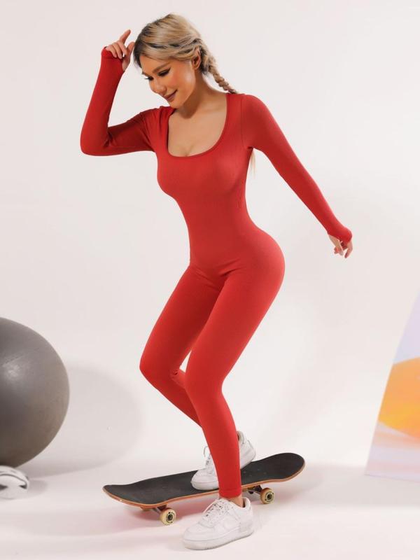 Women's Solid Square Neck Long Sleeve Jumpsuit, Lady High Stretch Seamless Bodycon Shapewear Clothes for Tummy Control Butt Lifting, Summer Sports Activities