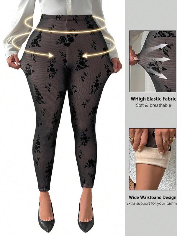  Floral Print High Waist Leggings, Casual Comfy Breathable Skinny Pants for Daily Wear, Women's Bottoms for Fall & Winter