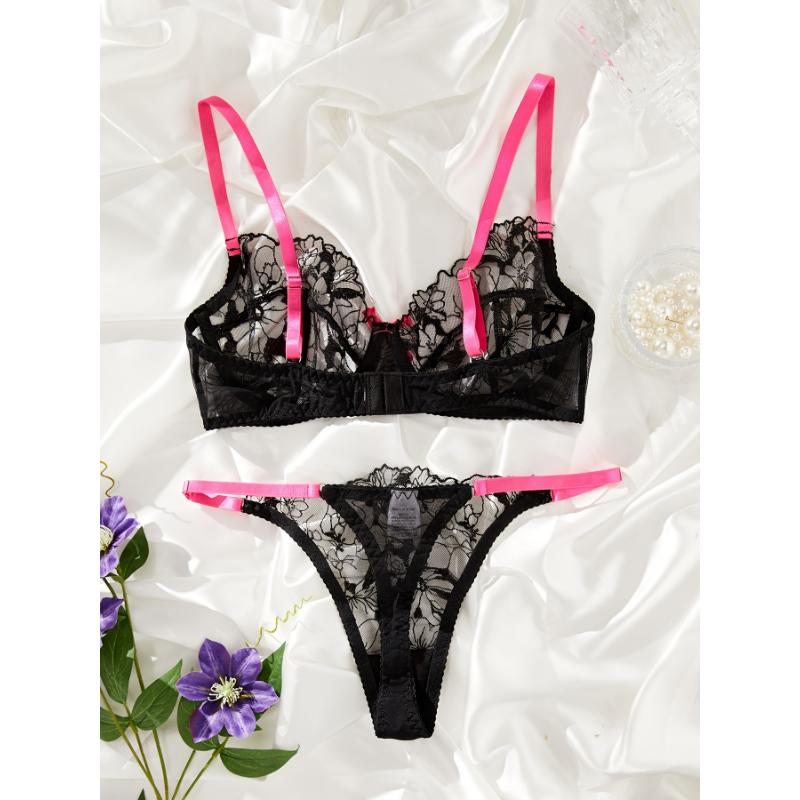 Colorblock Floral Lace Semi Sheer Bow Lingerie Set, Intimates Bra & Thong, Women's Sexy Lingerie & Underwear