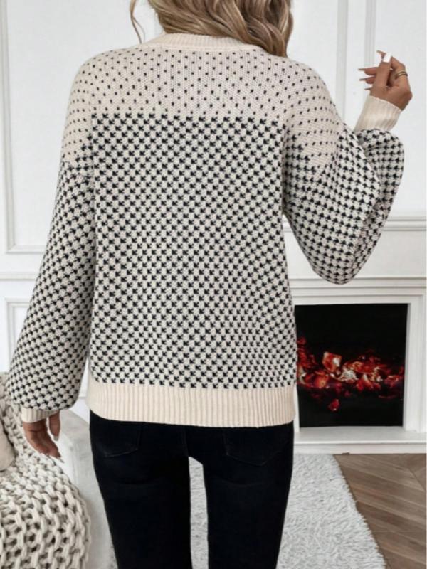  Houndstooth Print Drop Shoulder Sweater, Casual Long Sleeve Round Neck Jumper for Daily Outdoor Wear, Women Plus Clothing for All Seasons