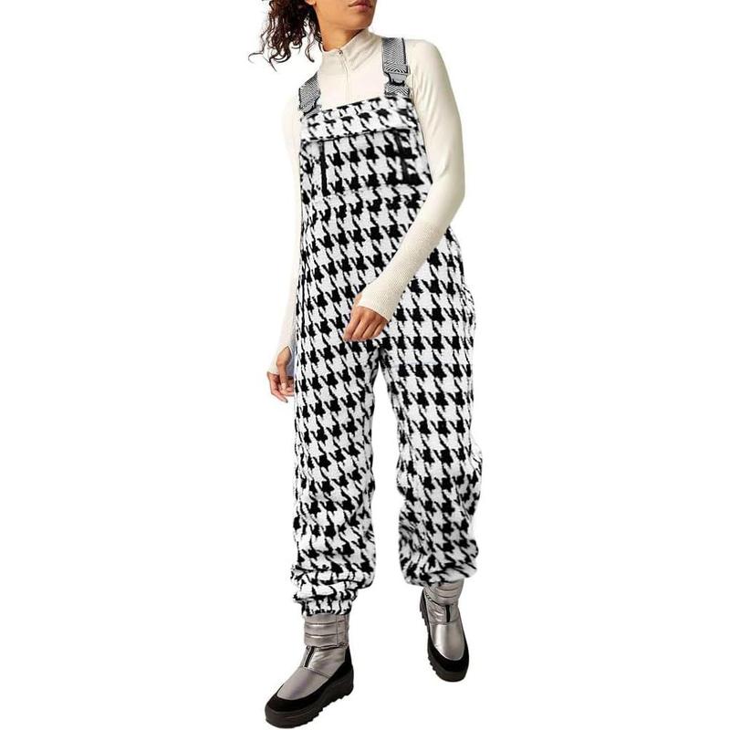 Fisoew Women's Fleece Warm Overalls Winter Fuzzy Adjustable Strap Bib Overalls Loose Casual Jumpsuits with Pockets