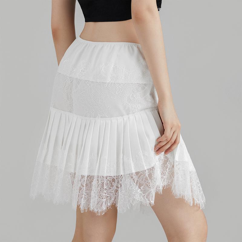 Women High Waist A-Line Mini Skirts Mid-Rise Pleated Lace Skirts Spring Summer Casual Short Mesh Skirt