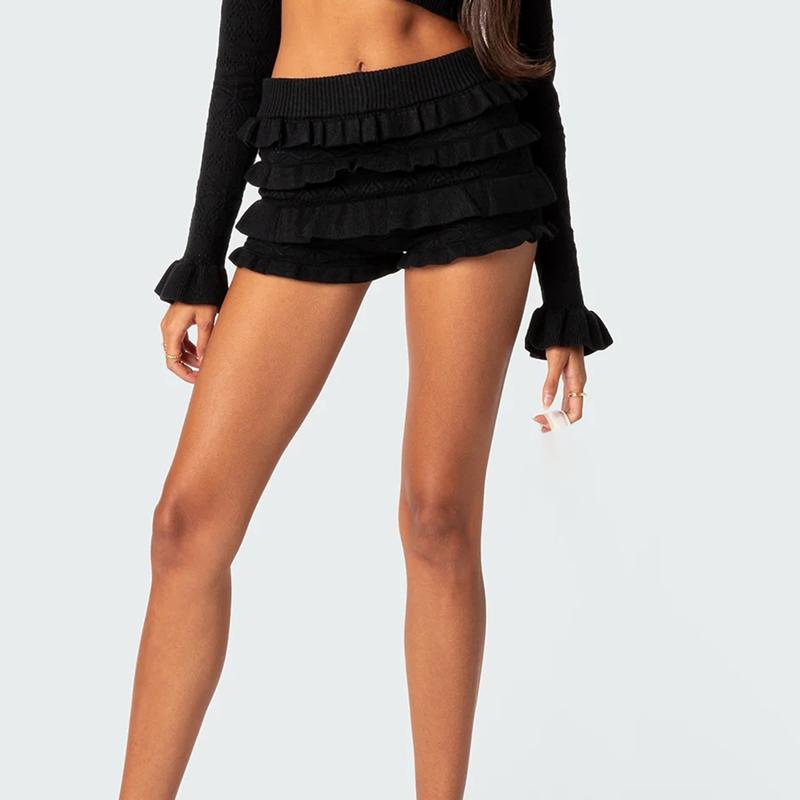 Women Hollow Out Crochet Knit Shorts Ruffled Layered Pleated Tiered Summer Fall Beach Music Festival Shorts