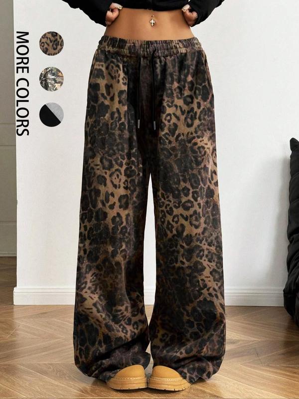 Women's All Over Print Drawstring Waist Wide Leg Sweatpants, Casual Pocket Trousers for Fall & Winter, Women's Bottoms for Daily Wear