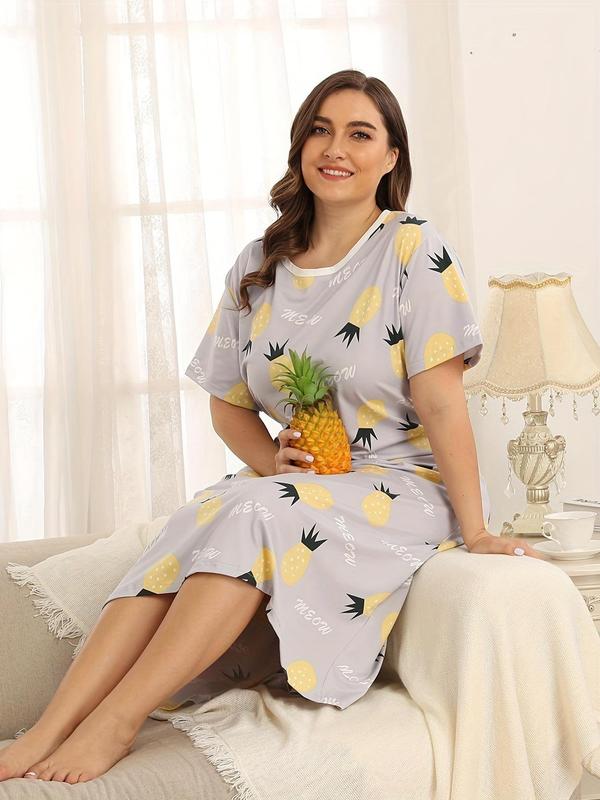 Plus Size Letter & Pineapple Print Nightdress, Casual Round Neck Short Sleeve Nightgown, Summer Clothes, Women's Sleepwear & Loungewear