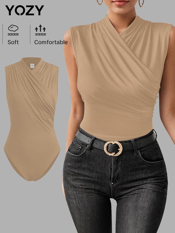 YOZY Women's Plain Ruched Wrap V Neck Bodysuit, Casual Sleeveless Snap Closure Crotch Bodysuit for Daily Wear, Ladies Clothes for All Seasons