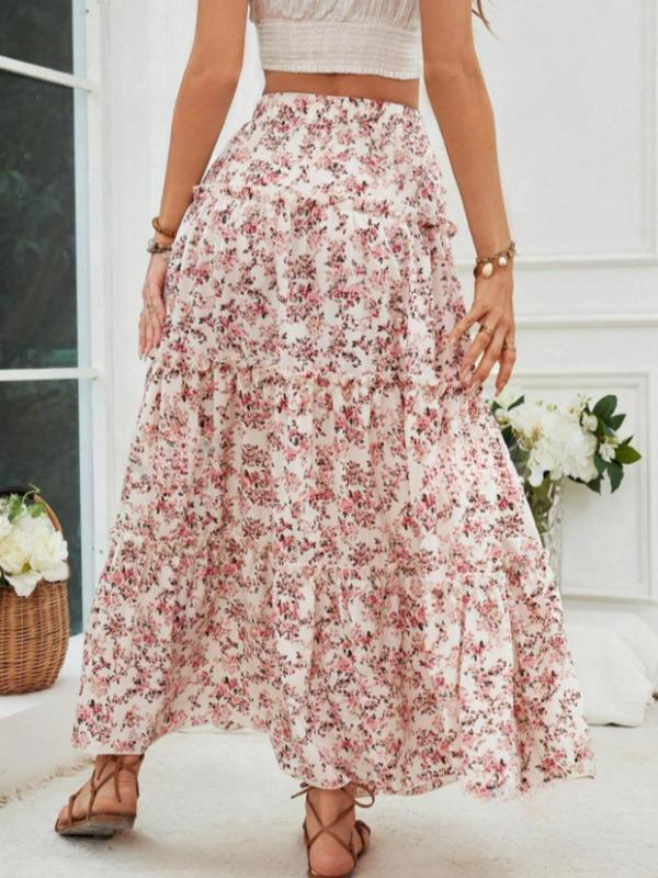 Women's Floral Print Frill Trim Ruffle Hem A Line Skirt, Boho Fashion Elastic Waist Long Skirt for Daily Holiday Vacation Wear, Ladies Bottoms for All Seasons