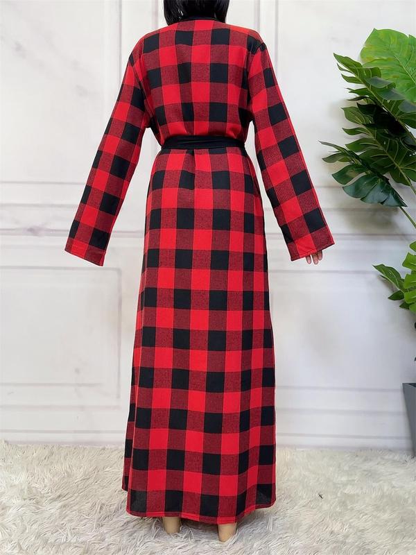 Women's Plaid Print Pocket Belted Lounge Robe, Casual Long Sleeve Dressing Gown, Ladies Sleepwear for All Seasons