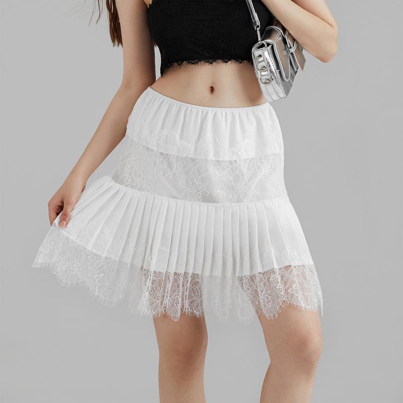 Women High Waist A-Line Mini Skirts Mid-Rise Pleated Lace Skirts Spring Summer Casual Short Mesh Skirt