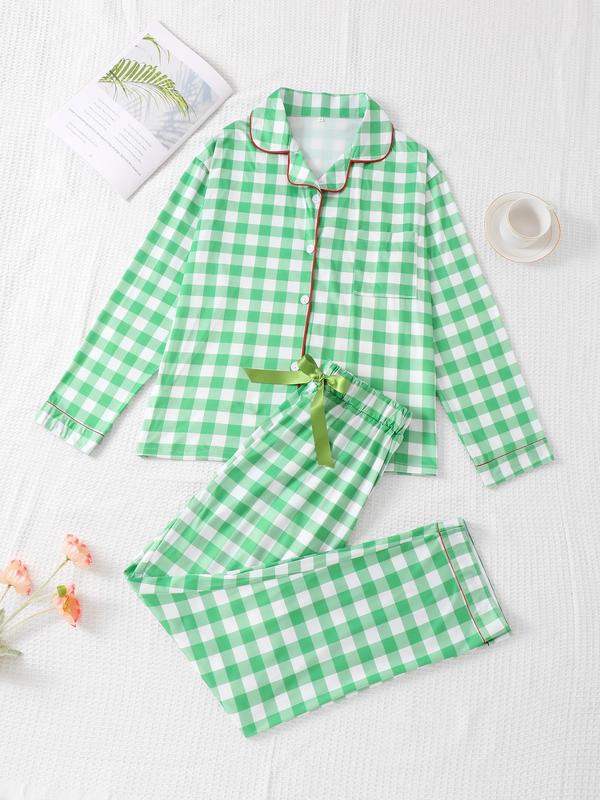 Christmas Two-Piece Set Women's Plaid Print Lapel Neck Pajama, Long Sleeve Button Up Top & Elastic Waist Pants PJ Set, Women's Sleepwear for Spring & Fall