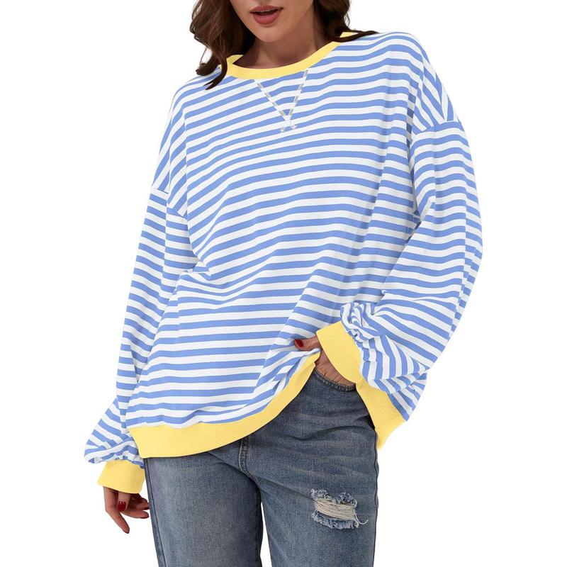 Women Striped Color Block Long Sleeve Crew Neck Sweatshirt Casual Loose Pullover Top