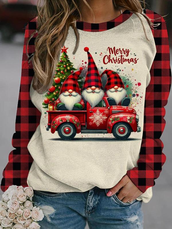  Christmas Tree & Santa Print Round Neck Tee, Casual Long Sleeve Crew Neck T-shirt for Spring & Fall, Women's Clothing for Daily Wear