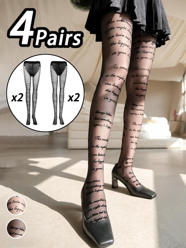 Women's Letter Print Sheer Tights, Casual Comfy Breathable Pantyhose for Daily Wear, Ladies Stockings for All Seasons