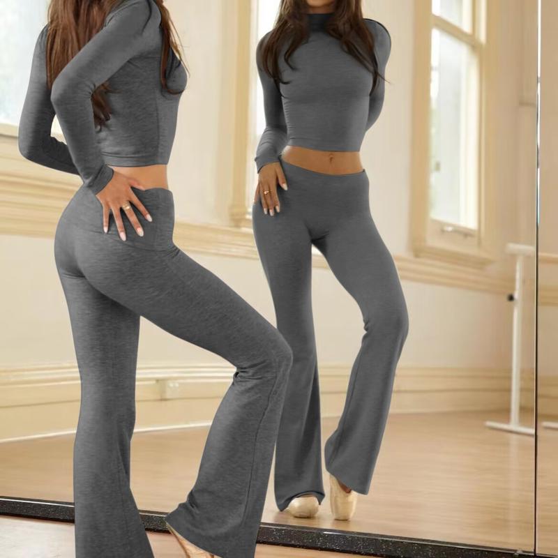 Women's 2 Piece Outfits Lounge Sets Ruched Long Sleeve Tops and High Waisted Wide Leg Pants Tracksuit Sets