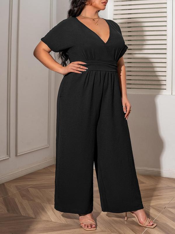 CURVZY Plus Size  Plain Wrap V Neck Wide Leg Jumpsuit, Casual Drop Shoulder Half Sleeve Jumpsuit for Summer Holiday Vacation, Women's Plus Clothing for Daily Wear