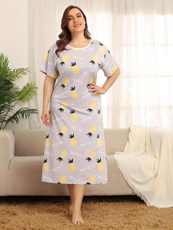 Plus Size Letter & Pineapple Print Nightdress, Casual Round Neck Short Sleeve Nightgown, Summer Clothes, Women's Sleepwear & Loungewear