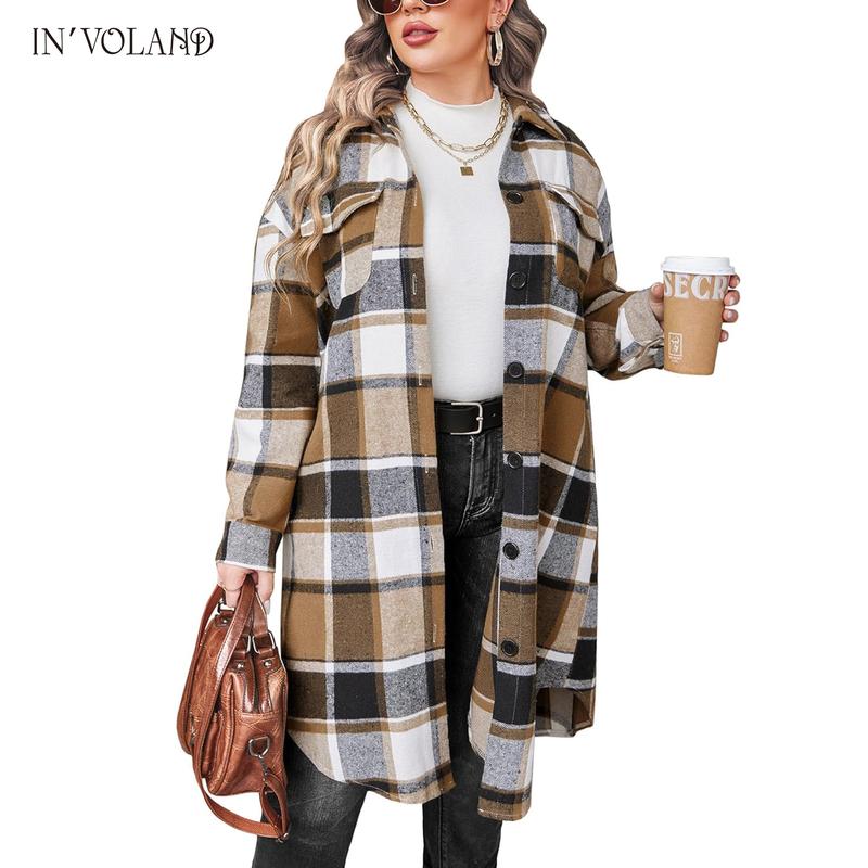 Holiday haul  IN'VOLAND Womens Plus Size Flannel Plaid Shirts Long Sleeve Lounge Lapel Boyfriend Button Down Tartan Long Jacket Coats Fabric Fashion Womenswear Check Fit Lightweight Oversized Comfort Loose Polyester Retro Suit Christmas