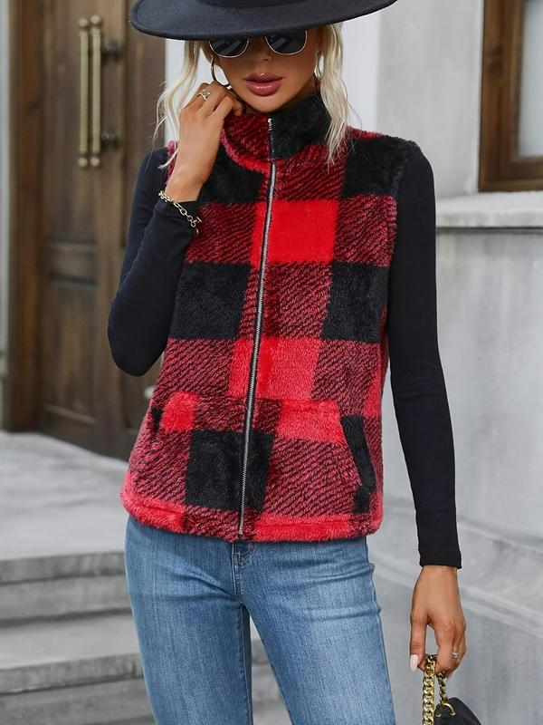 Women's Plaid Print Zip Up Fuzzy Vest Jacket, Casual Pocket High Neck Sleeveless Outerwear for Fall & Winter, Women's Clothes for Daily Wear