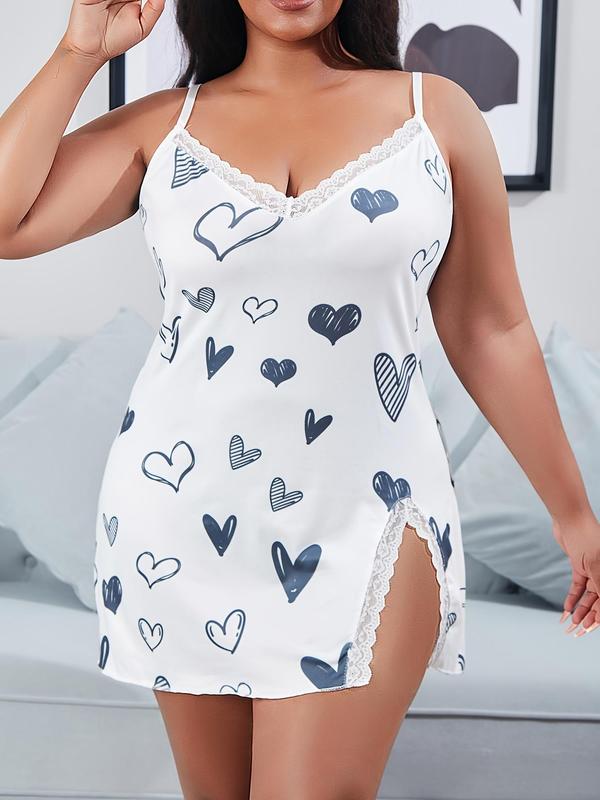 Women's Plus Size Heart Print Lace Trim Split Cami Nightdress, Night Gown for Women, House Dress for Women, Casual Comfy Spaghetti Strap Sweetheart Neck Nightgown, Summer Clothes Women, Lady Sleepwear & Homewear