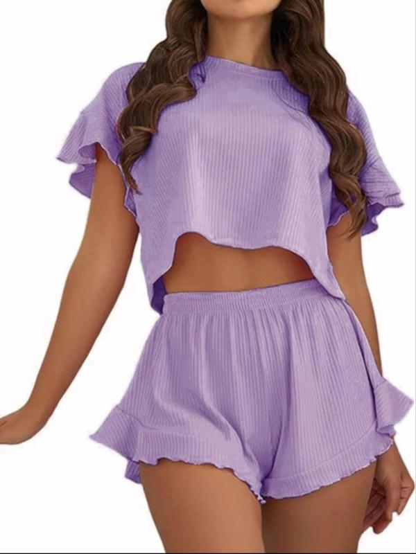 Two-piece Set Women's Solid Color Ruffle Hem Crop Top & Shorts Pyjama Set, Casual Comfy Drop Shoulder Top & Shorts Pj Set, Ladies Summer Sleepwear