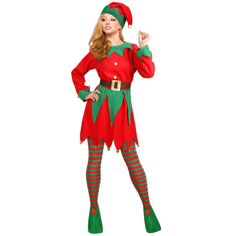 Christmas Elf Costumes Long Sleeve Dress and Belt Hat Shoes for Women Girl Party Role-Playing Cosplay