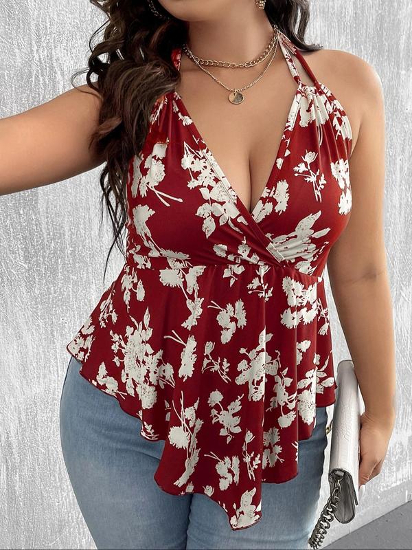  Vintage Floral Print Ruched Tie Back Cami Top, Boho Elegant Backless Halter Top for Daily Holiday Vacation Wear, Back To School Clothes, Women Plus Clothing for Summer