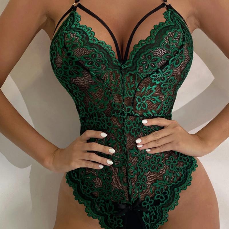 Floral Lace Scallop Crotchless Teddy Bodysuit Lingerie