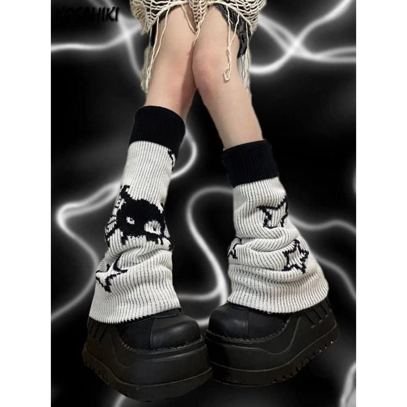 Y2k Star Skull Print Two Side Wear Knitted Leg Warmers Socks Punk Girls Japanese Kawaii Streetwear Leg Cover