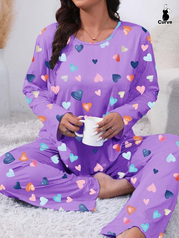 Two-Piece Set Plus Size Heart Print Pyjama Lounge Set, Casual Long Sleeve Tee & Pants, Women's Plus Sleepwear & Homewear for Spring & Fall, Fall Wear, Fallfreshness