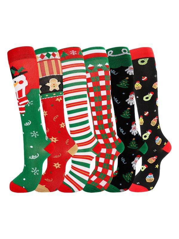 Women's Christmas Themed Over The Calf Socks, Casual Comfortable Breathable Compression Socks for Daily Wear, Women's Socks for All Seasons