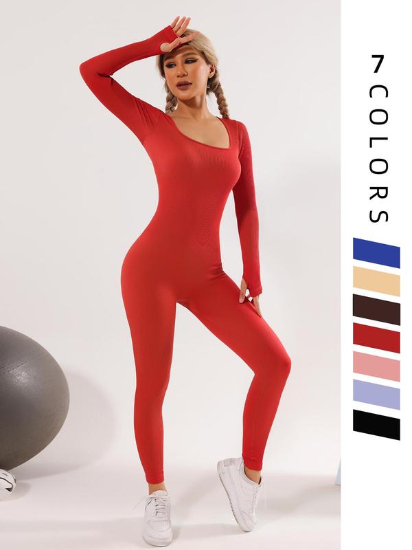 Women's Solid Square Neck Long Sleeve Jumpsuit, Lady High Stretch Seamless Bodycon Shapewear Clothes for Tummy Control Butt Lifting, Summer Sports Activities