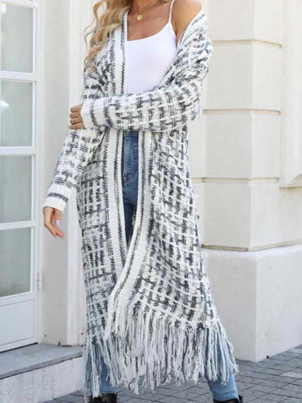 Women's Colorblock Fringe Drop Shoulder Cardigan, Casual Long Sleeve Open Front Knitwear for Fall & Winter, Fashion Women's Knit Clothing for Daily Wear