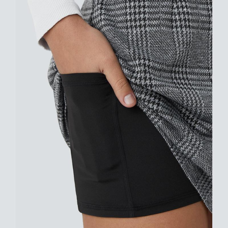 Halara High Waisted Split 2-in-1 Side Pocket Houndstooth Plaid Mini Casual Skirt