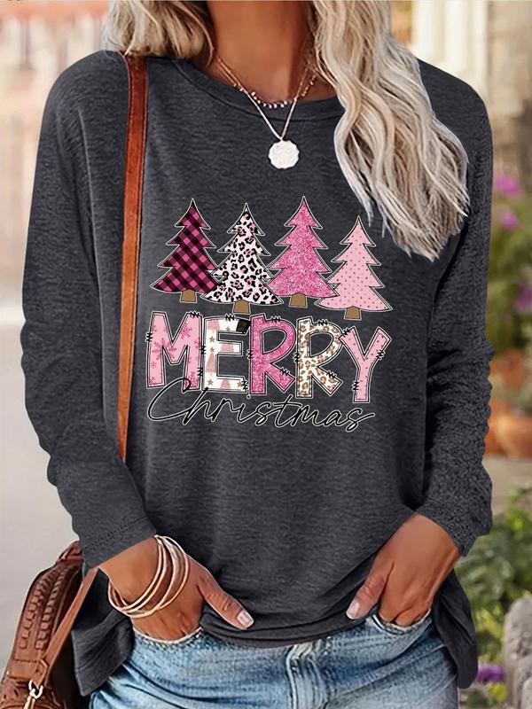 Women's Christmas Tree & Letter Print Drop Shoulder Tee, Casual Long Sleeve Round Neck Pullover for Daily Wear, Ladies Fall & Winter Clothes