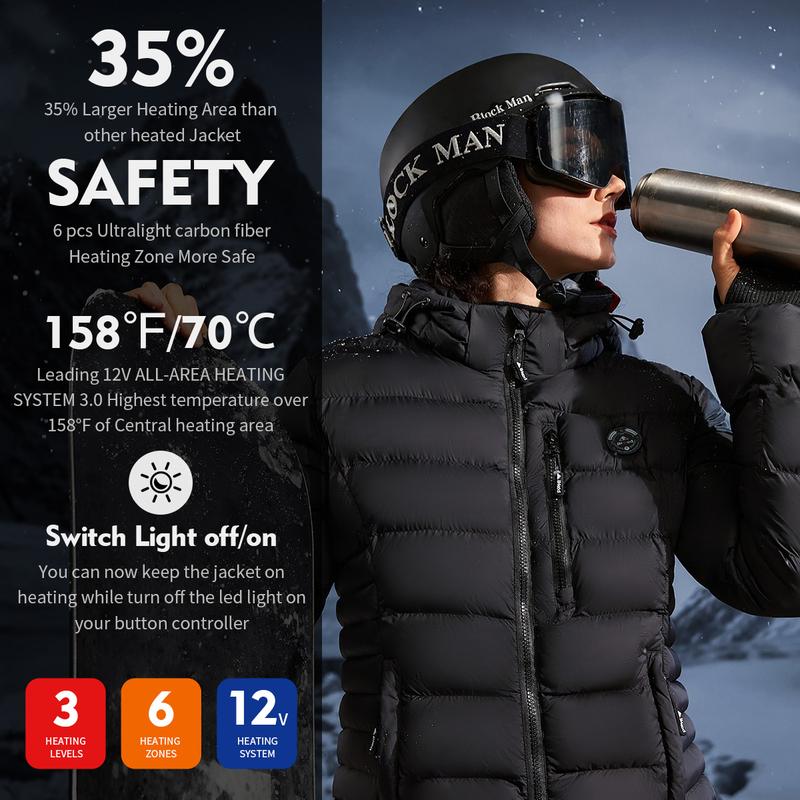 Women's Heated Puffer Jacket With 12V Battery Pack-Insulated Water-Resistant Hooded Hand-Heating Electric Womenswear Coats