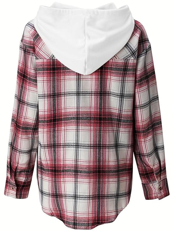 Plus Size Plaid Print Button Front Drawstring Hooded Blouse, Casual Long Sleeve Pocket Top for Spring & Fall, Going Out Tops, Women's Clothes for Daily Wear