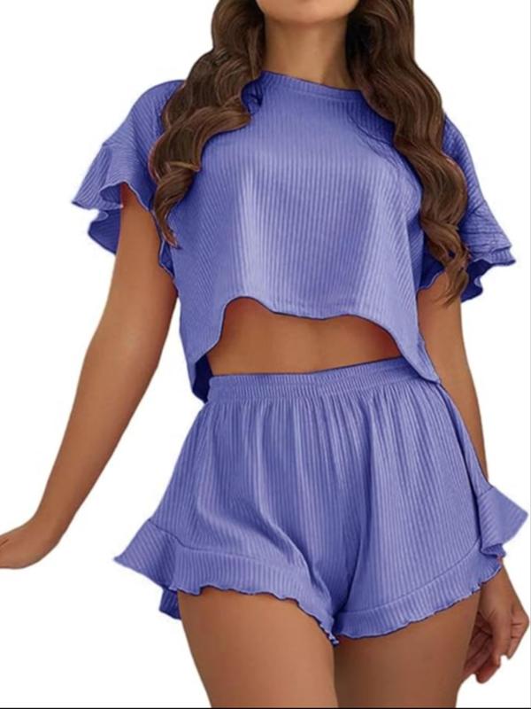 Two-piece Set Women's Solid Color Ruffle Hem Crop Top & Shorts Pyjama Set, Casual Comfy Drop Shoulder Top & Shorts Pj Set, Ladies Summer Sleepwear