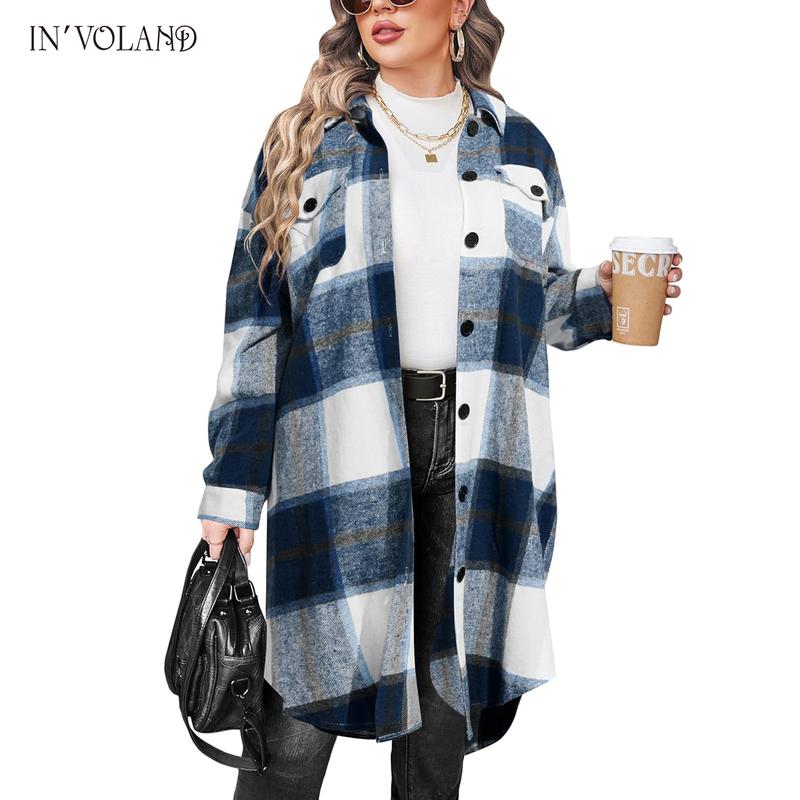 Holiday haul  IN'VOLAND Womens Plus Size Flannel Plaid Shirts Long Sleeve Lounge Lapel Boyfriend Button Down Tartan Long Jacket Coats Fabric Fashion Womenswear Check Fit Lightweight Oversized Comfort Loose Polyester Retro Suit Christmas