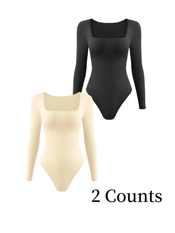 Solid Square Neck Long Sleeve Shapewear Bodysuit, Casual Comfy Tummy Control Shaper for Daily Wear, Ladies Shapewear for All Seasons Womenswear Tops Comfort Longsleeves