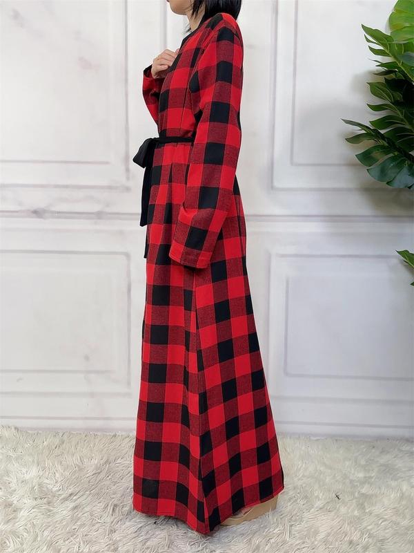 Women's Plaid Print Pocket Belted Lounge Robe, Casual Long Sleeve Dressing Gown, Ladies Sleepwear for All Seasons