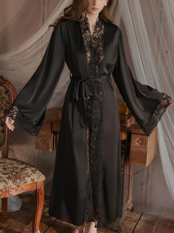 Women's Contrast Lace Belted Satin Robe, Long Sleeve V Neck Lounge Robe, Bride's Robe, Women's Sleepwear for Spring & Fall