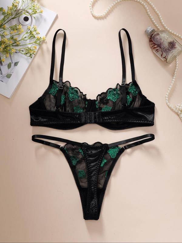 Women's Floral Embroidery Underwire Bra & Thong Underwear Two-piece Set, Adjustable Strap Push Up Bra & Thong Set, Lingerie Set for Women